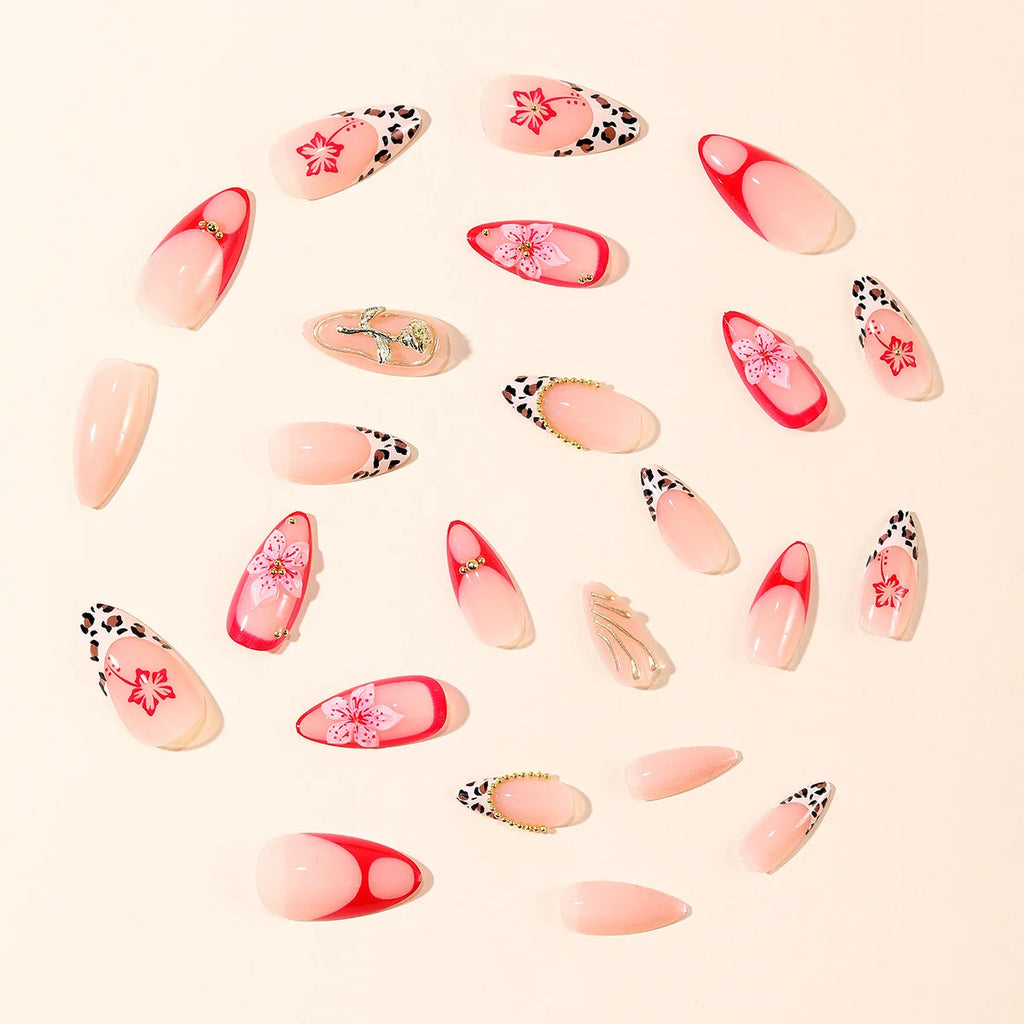 Medium fake nails for women gilrs 3D pink red golden flowers leopard polka dots design french almond tips press on nails art