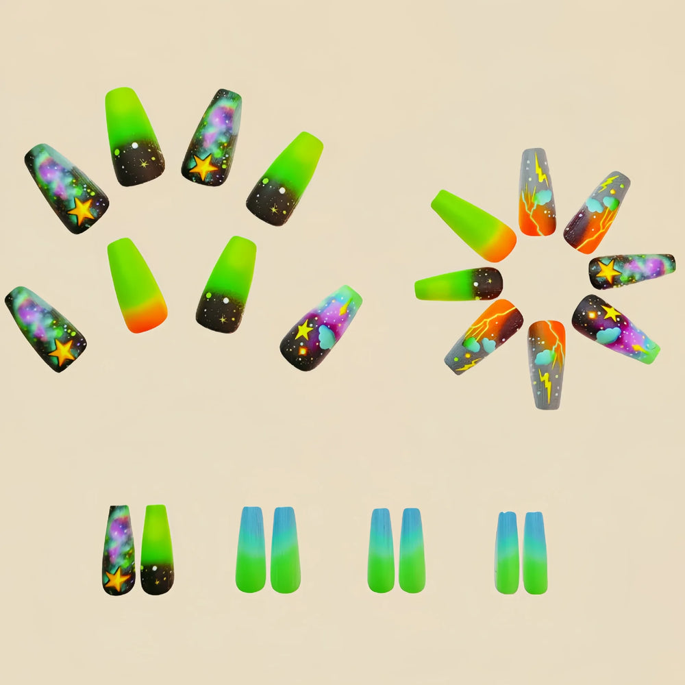 Y2K Green Blue Black Starry Lightning Press-On Nails – Medium Long