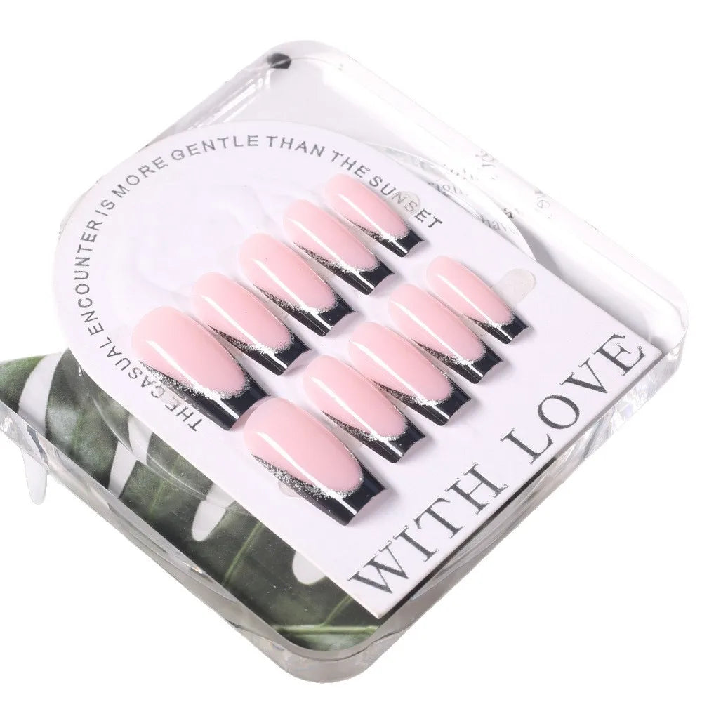 French Black Edge Silver Stripe Press-On Nails – Medium Long Square