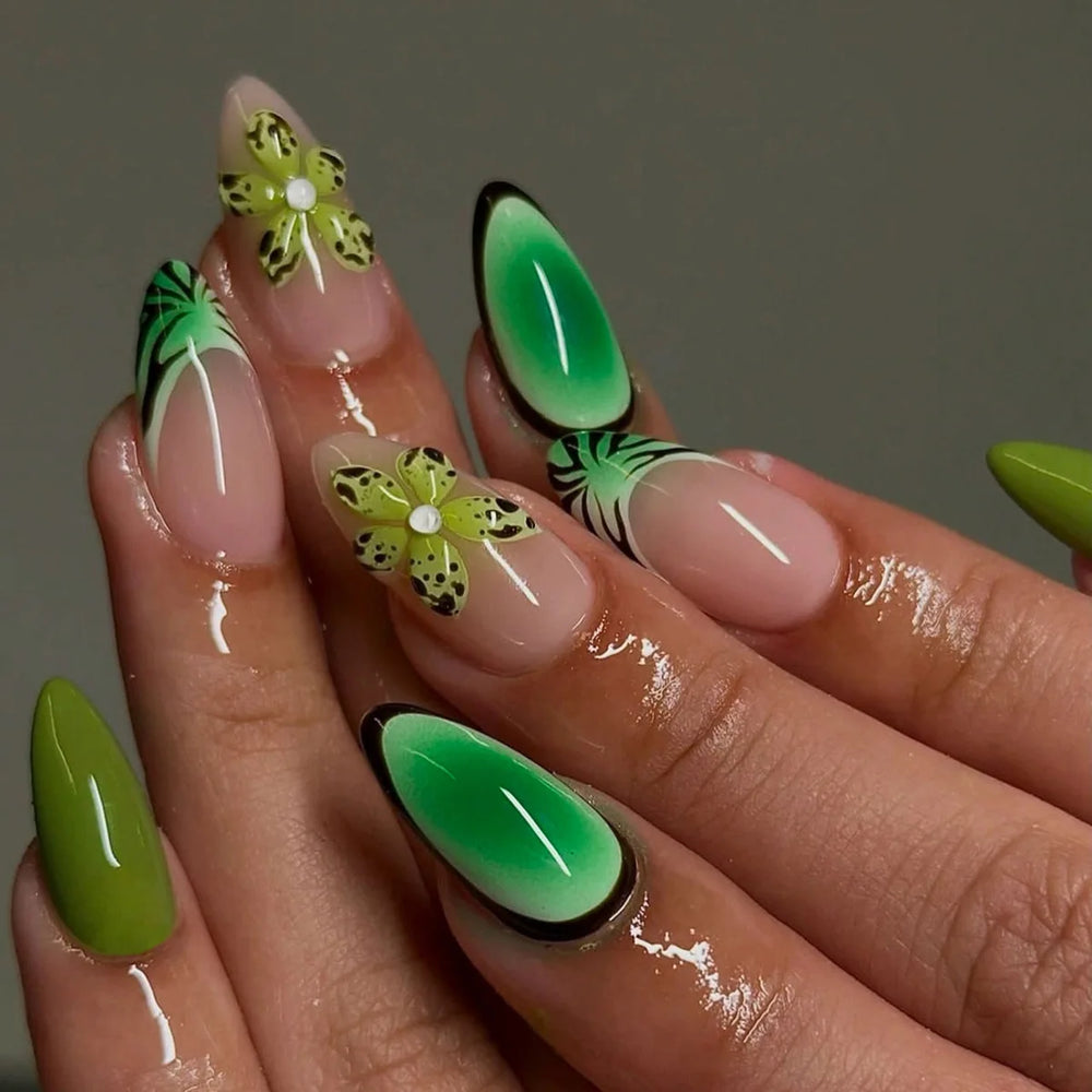 Tropical Hibiscus & Butterfly French Press-On Nails – Almond, 24 Pcs