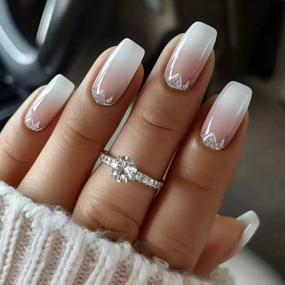 Gradient nude pink fake nails for women Square shape nail tips with silver glitters full cover press on Artificial Nails set