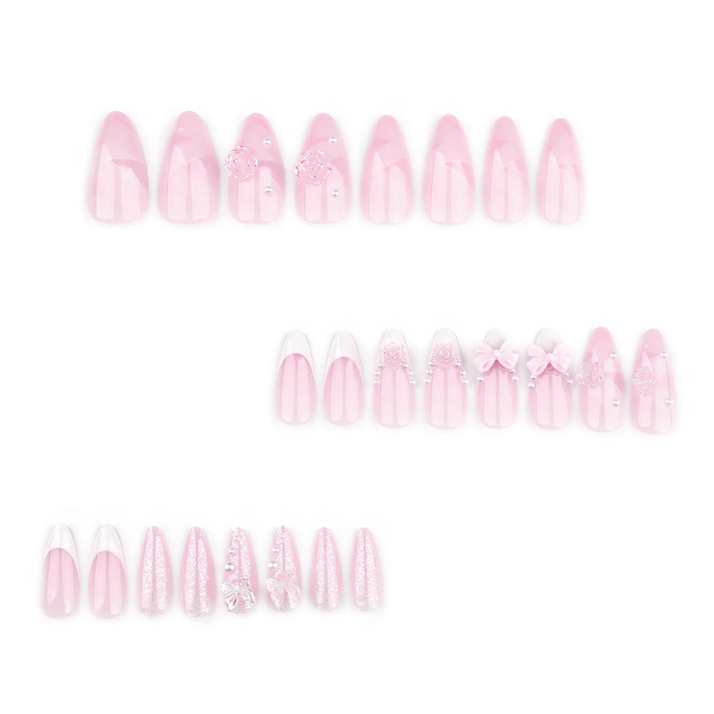 White French Tip Flowers & Bows Press-On Nails – Almond, 24 Pcs