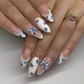 3D fake nails for women gilrs French minimalist bow pearl blue flowers design Nude white almond nail tips press on false nail