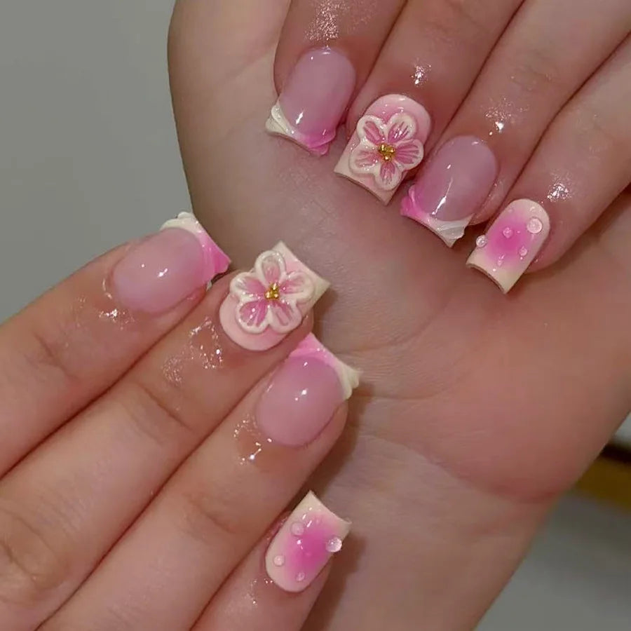 Short Medium fake nails for women 3D embossed flowers gradient Nude pink colors full cover press on acrylic false nail art