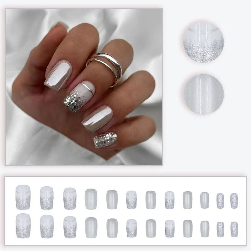 Short Square fake nails for women glossy brown tips golden silver glitters with strips design full cover press on false nail art