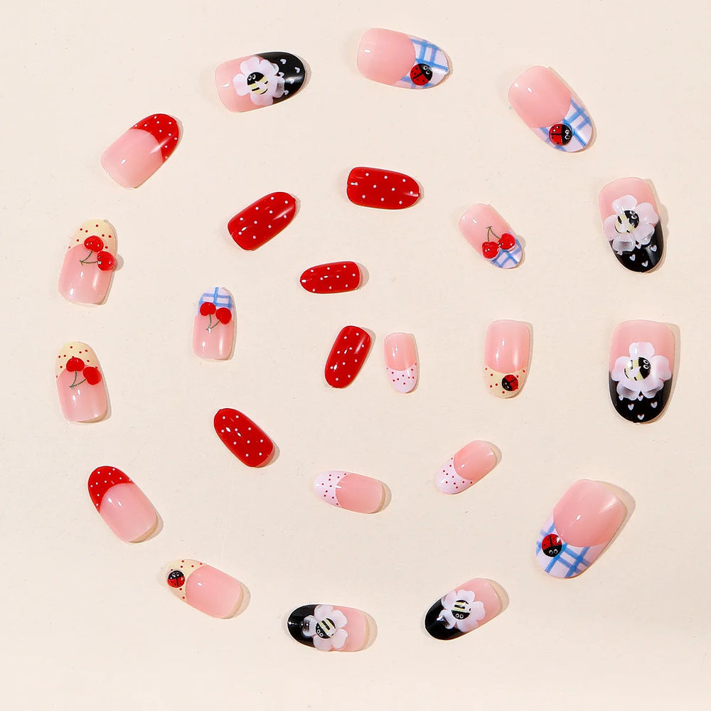 Cherry, Bee & Ladybug 3D Charm Press-On Nails – Almond, 24 Pcs