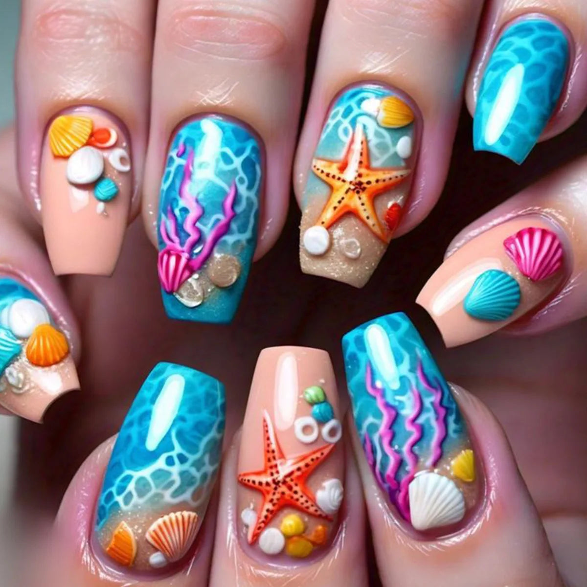 Short Medium fake nails for women girls Gradient purple pink blue flame Desert Sunset Cactus Y2K Square tips press on false nail