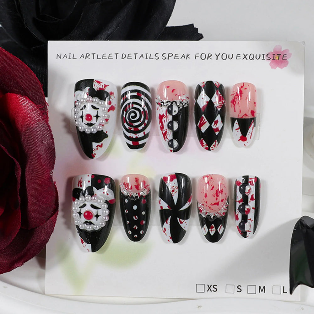 Dark Clown Spiral Halloween Press-On Nails – Almond, 30 Pcs