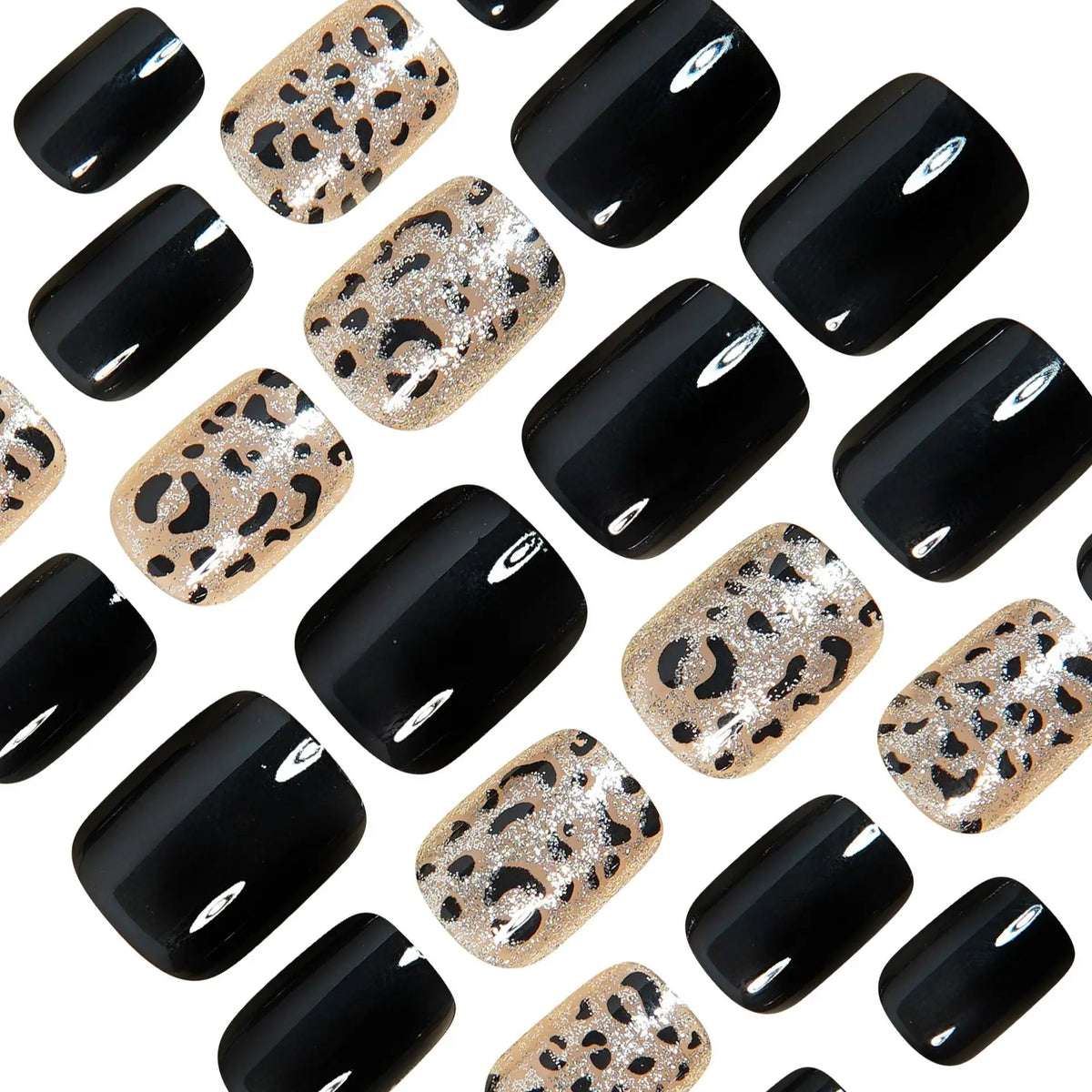 24pcs/set glitter leopard fake nails in wine red black brown nude glossy short square full cover nail tips press on false nail