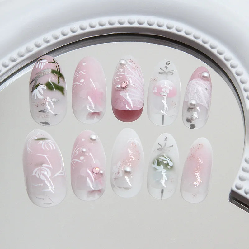 Hand-Painted Botanical Flower Press-On Nails – Almond, 24 Pcs