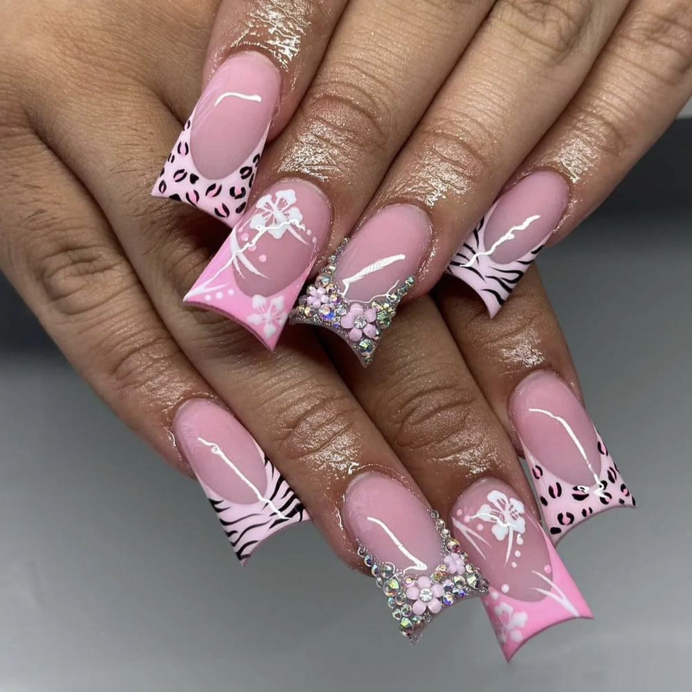 Pink Zebra Rhinestone Star French Press-On Nails – Long Square, 24 Pcs
