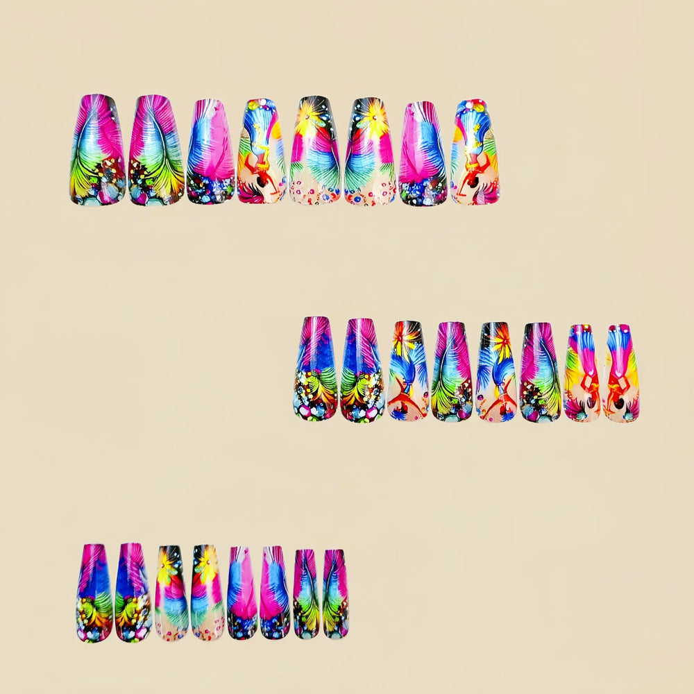 Y2K Feather Print Ballet Press-On Nails – Pink Blue Yellow, Medium Long