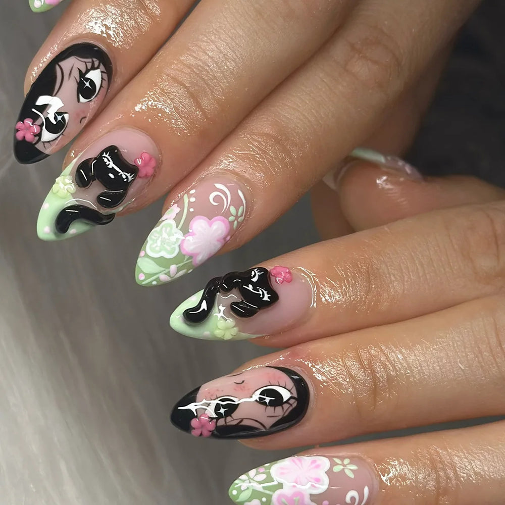 Cute Cartoon Black Cat 3D Press-On Nails – Almond, 24 Pcs