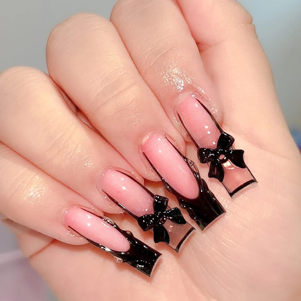 Black Cross Strap French 3D Bow Press-On Nails – Long Ballet, 24 Pcs