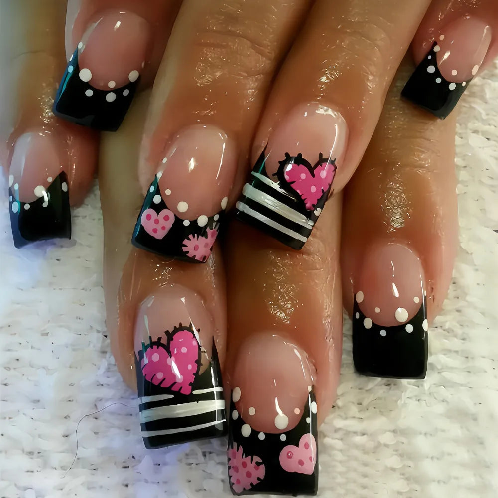 24pcs/set Fake Nails for Valentine's Day Gradient Red Black Cute Heart Rose Flowers Design French Tips Press On False Nail Art
