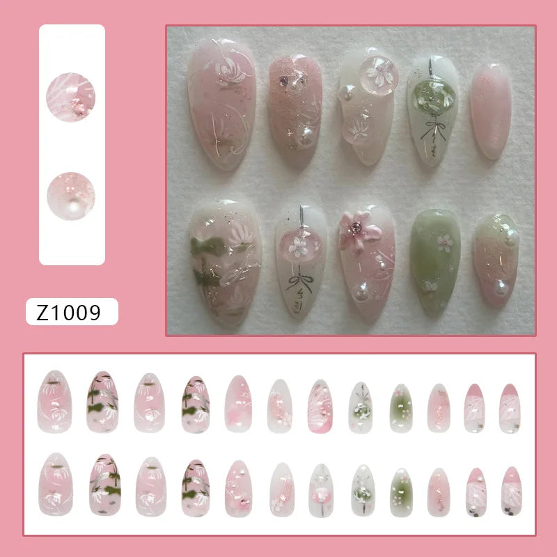 Hand-Painted Botanical Flower Press-On Nails – Almond, 24 Pcs
