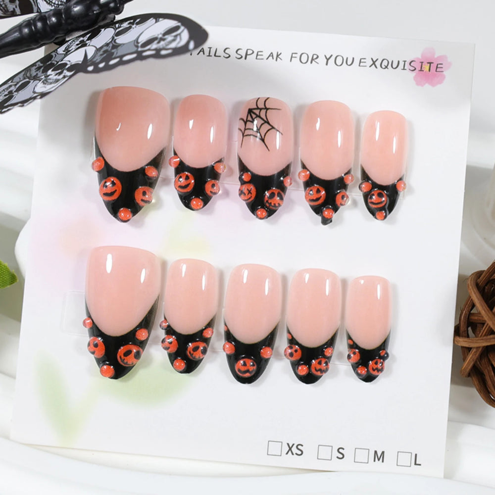 Black French Tip Pumpkin & Spider Web Press-On Nails – Almond, 30 Pcs