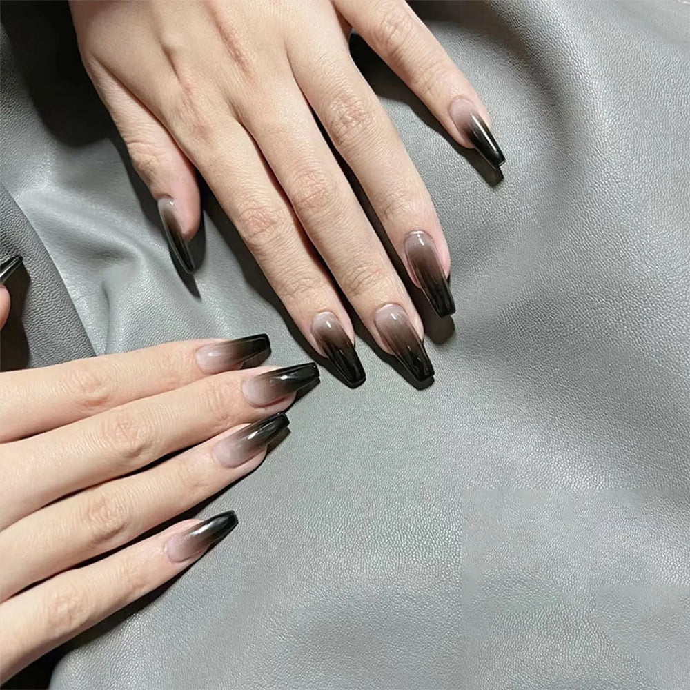 Y2K Black Ombre Star & Moon Press-On Nails – Medium Square, 24 Pcs
