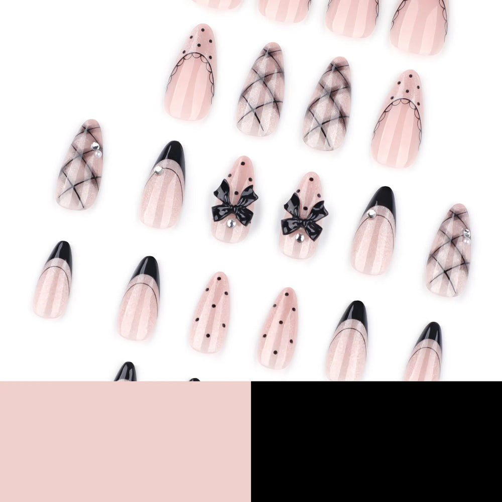 Black Bow Cat-Eye French Press-On Nails – Almond, 24 Pcs