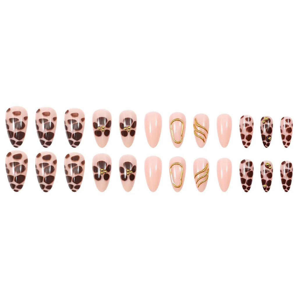 24pcs/Set Fake Nails for Women Girls Nude Color with Pink or Brown Flowers Leopard Print with Rhinestones Press On False Nails