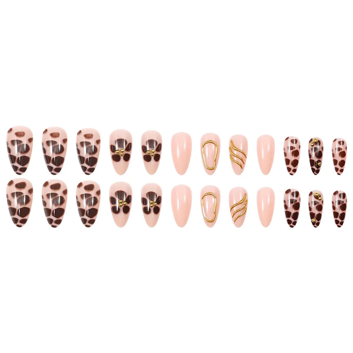 24pcs/Set Fake Nails for Women Girls Nude Color with Pink or Brown Flowers Leopard Print with Rhinestones Press On False Nails