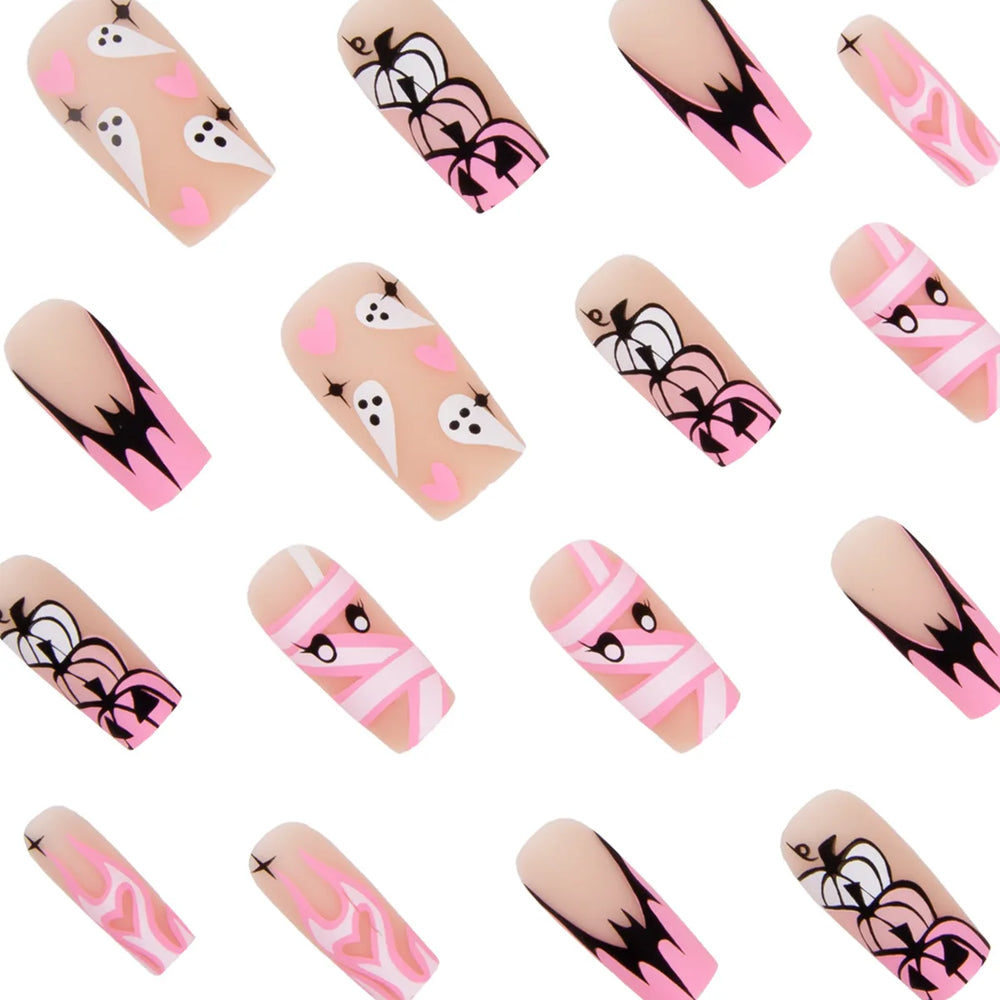 Pink Ombre Ghost & Pumpkin French Press-On Nails – Medium Coffin, 24 Pcs