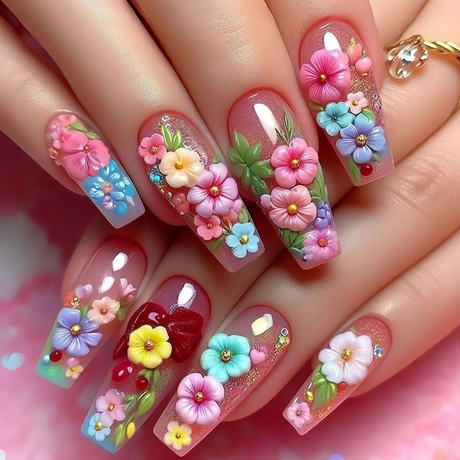 Colorful Flower & Feather Ballet Square Press-On Nails – Short/Medium/Long