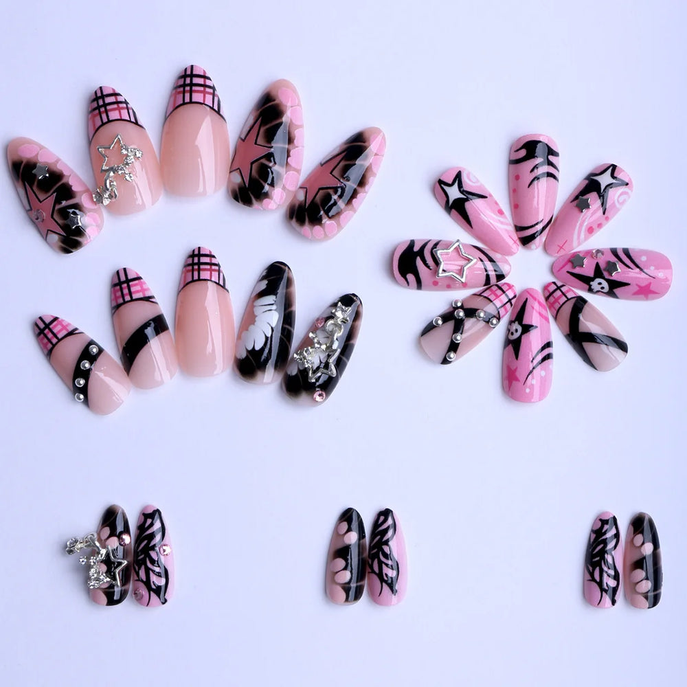 Pink Glossy Y2K Metal Star French Press-On Nails – Almond, 24 Pcs