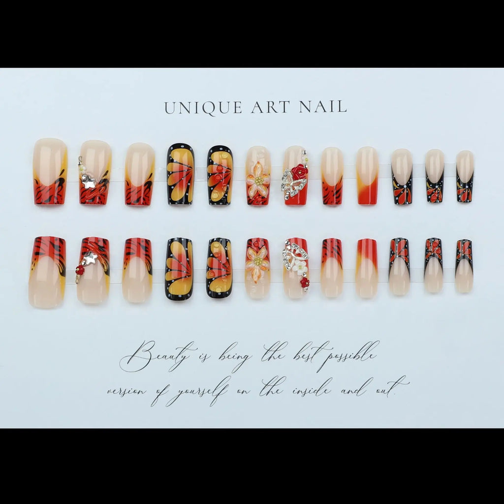 Medium fake nails for women gilrs 3D embossed flowers orange blue colors for Spring summer french style press on false nail art