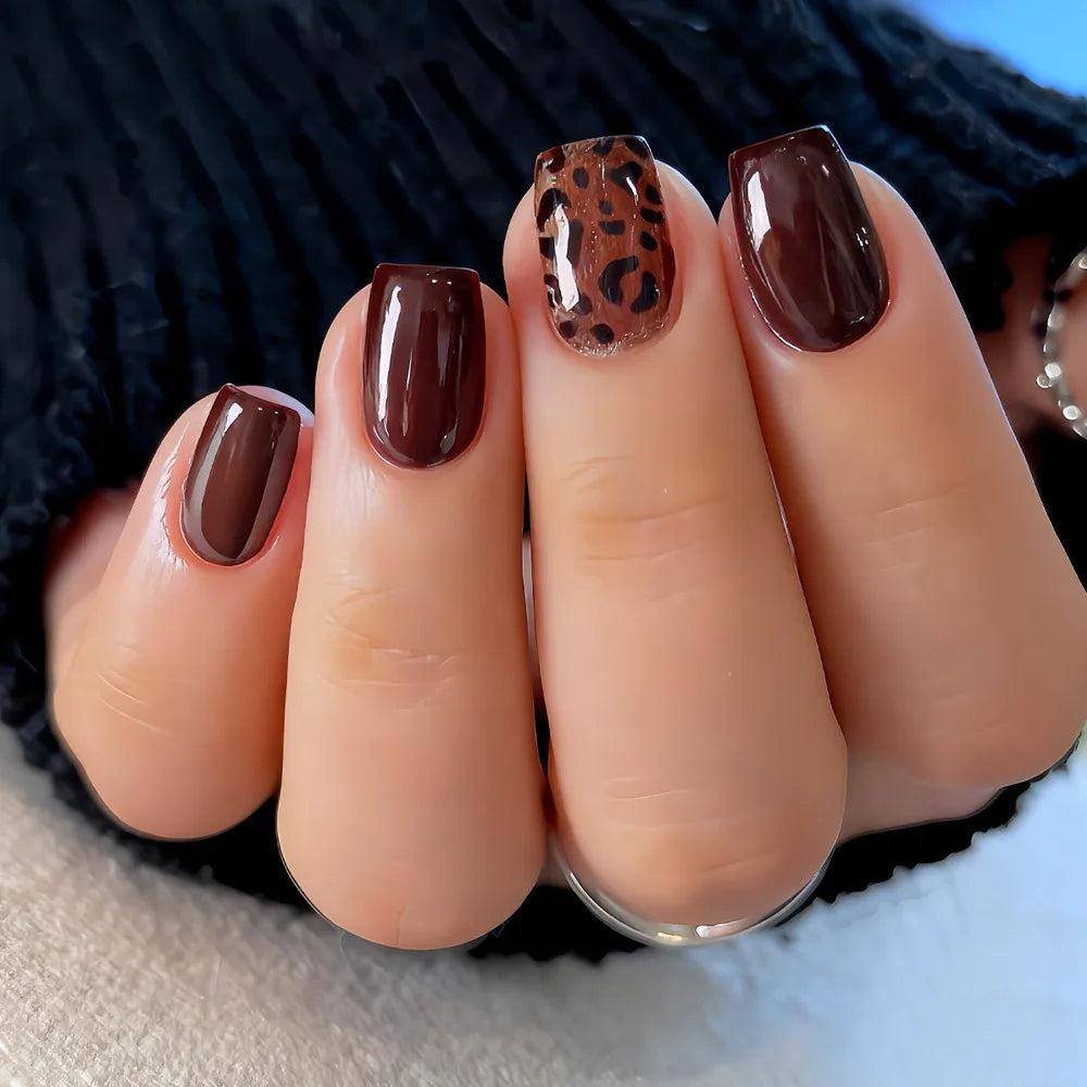Glitter Leopard Press-On Nails – Wine Red Black Brown Nude, Short Square, 24 Pcs
