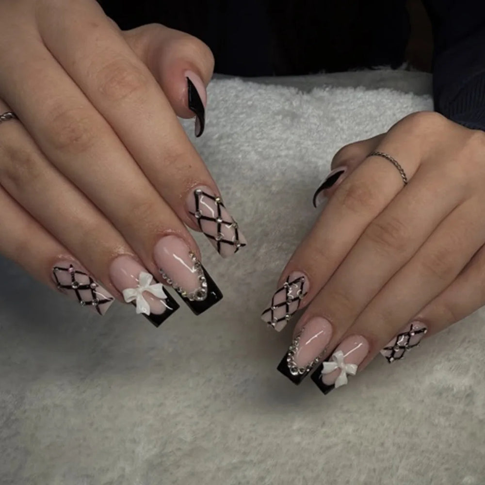 Black Cross Strap French 3D Bow Press-On Nails – Long Ballet, 24 Pcs