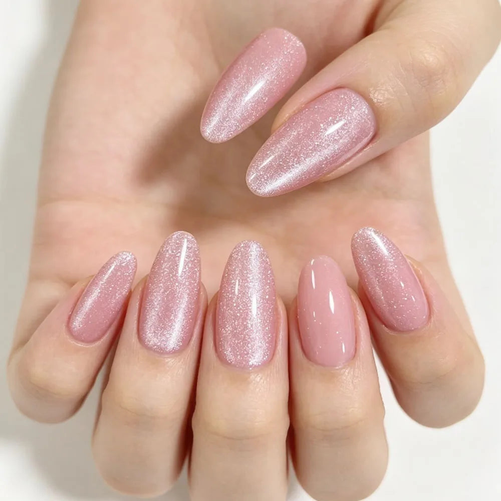 24pcs/set fake nails for women girl light pink cat eyes glossy sparkling shimmer nail tips almond shape full cover press on nail