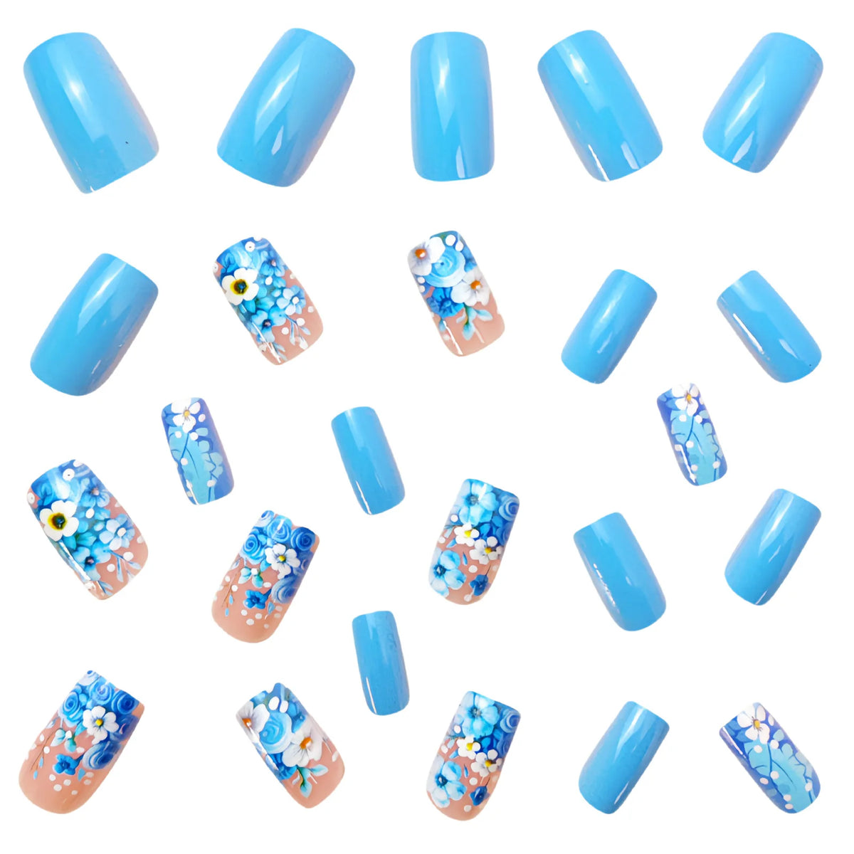 Medium fake nails for women girls Nude blue square nail tips with flowers printing full cover reusable press on false nail art