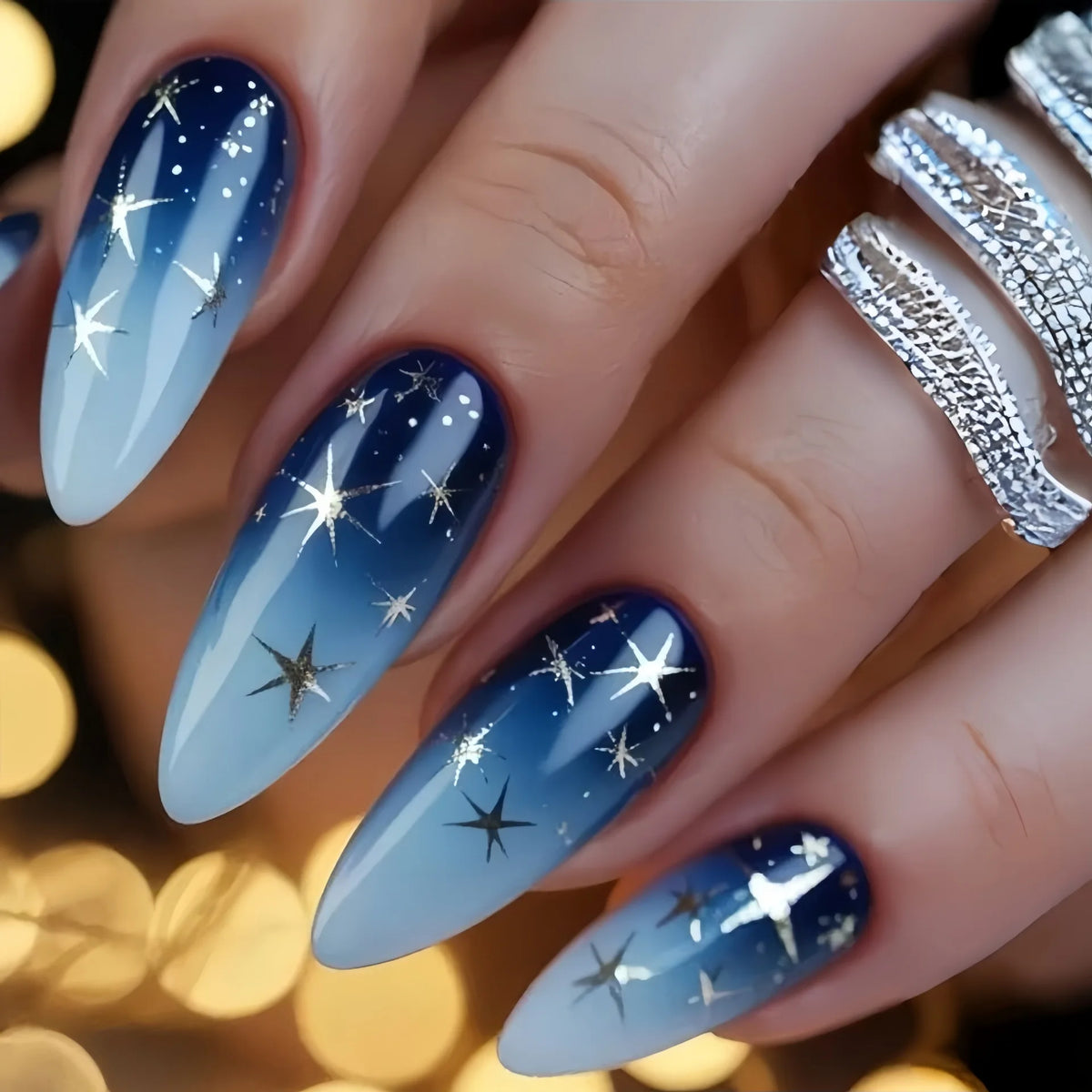 Medium fake nails for women gradient blue starry sky silver star moon full cover Square almond nail tips press on false nail art