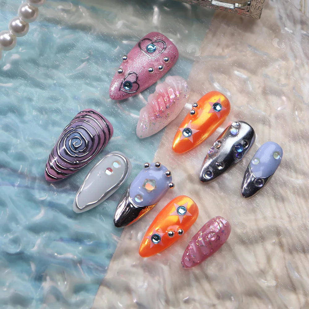 3D Colorful Summer Starfish Handmade Press-On Nails – Almond, 10 Pcs