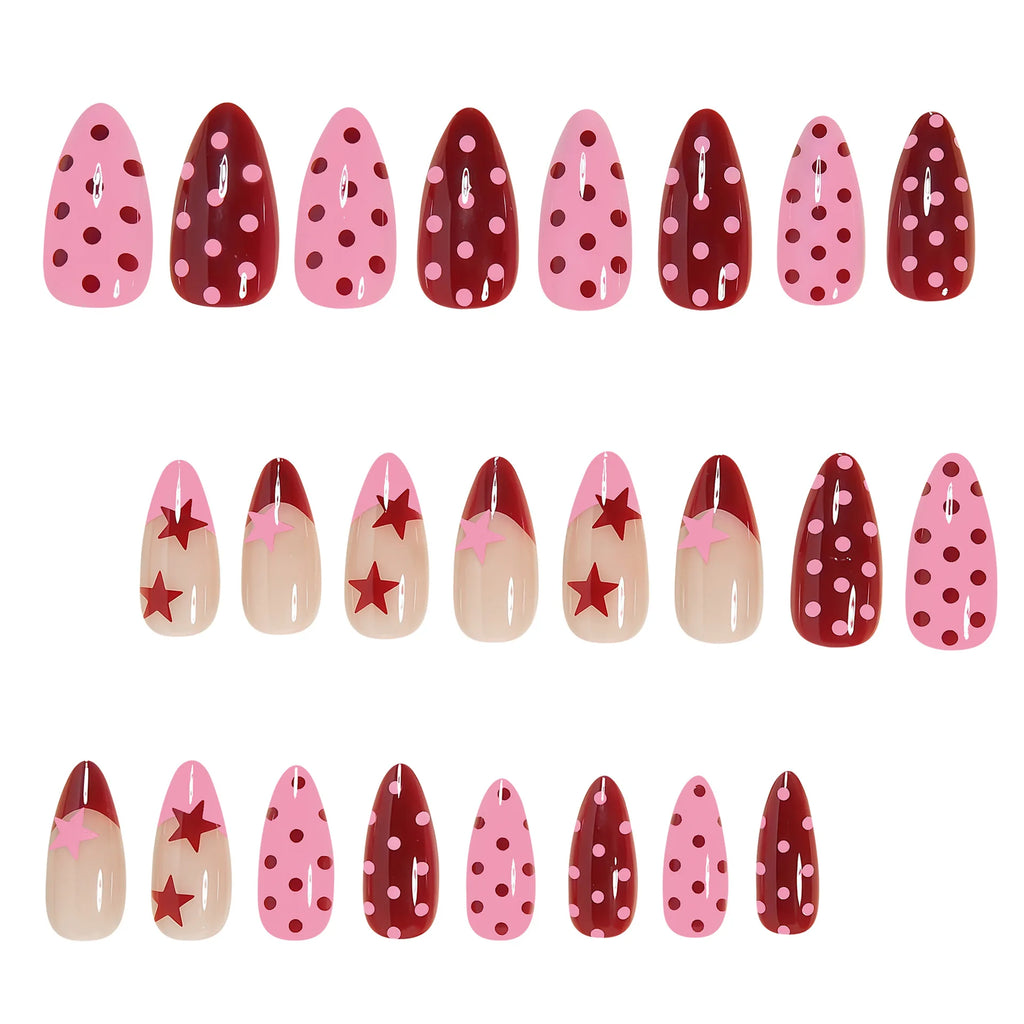 Medium almond fake nails for women girls pink red white polka dots with star design french nail tips press on false nail art set