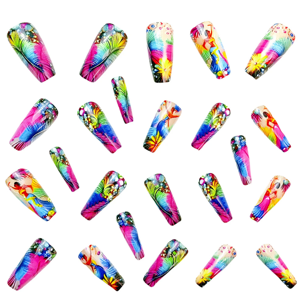 Y2K Feather Print Ballet Press-On Nails – Pink Blue Yellow, Medium Long