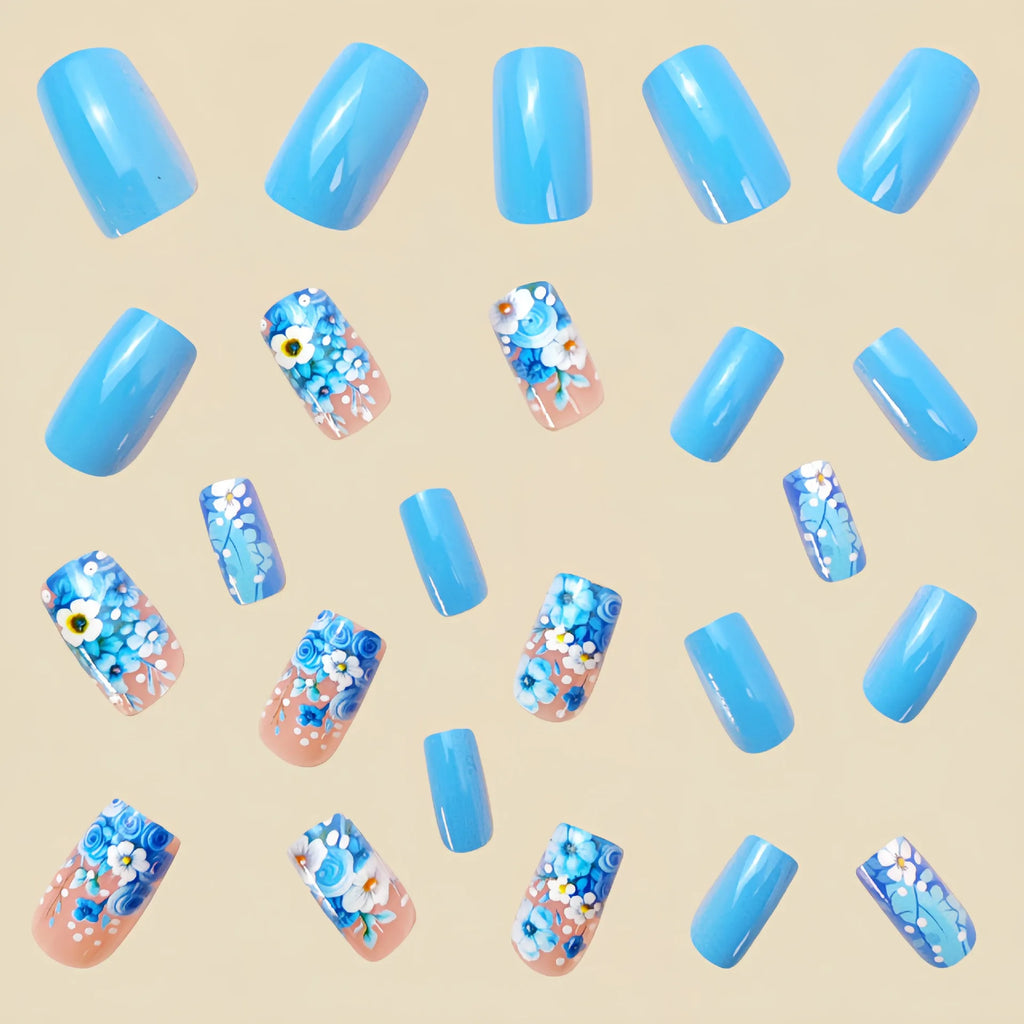 Medium fake nails for women girls Nude blue square nail tips with flowers printing full cover reusable press on false nail art