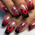 Short Medium Fake Nails Purple Blue Red Brown Black Flowers Butterfly Fall Winter Square Ballet Nail Tips Press On False Nail