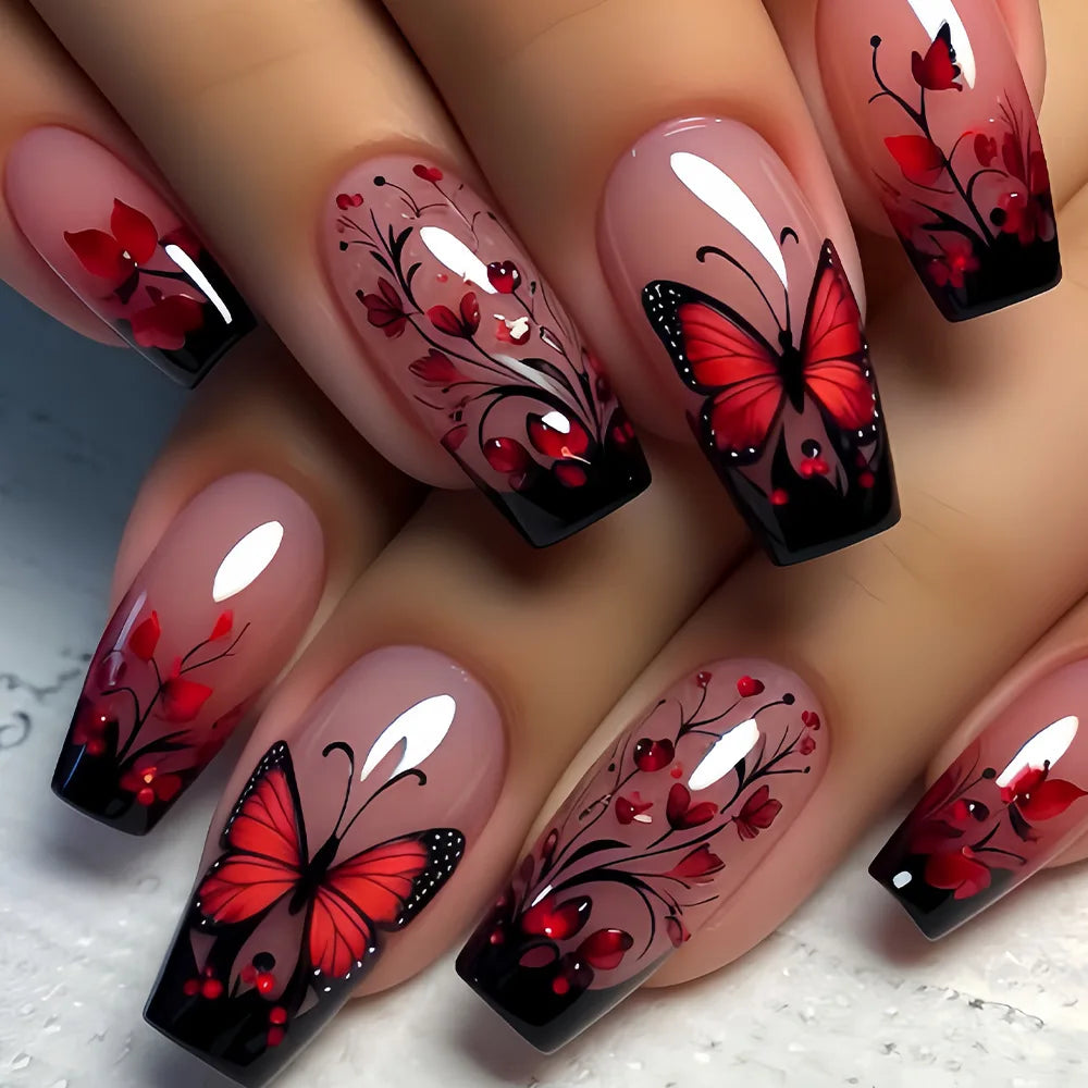 Short Medium Fake Nails Purple Blue Red Brown Black Flowers Butterfly Fall Winter Square Ballet Nail Tips Press On False Nail