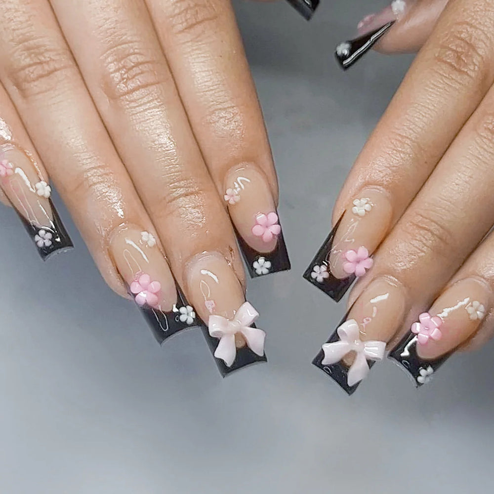 Black Cross Strap French 3D Bow Press-On Nails – Long Ballet, 24 Pcs