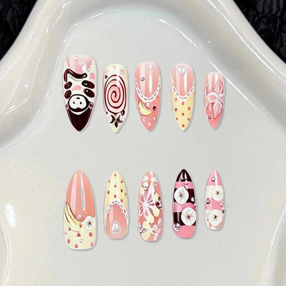 Japanese Cartoon Monkey & Flower Press-On Nails – Ballet, 30 Pcs