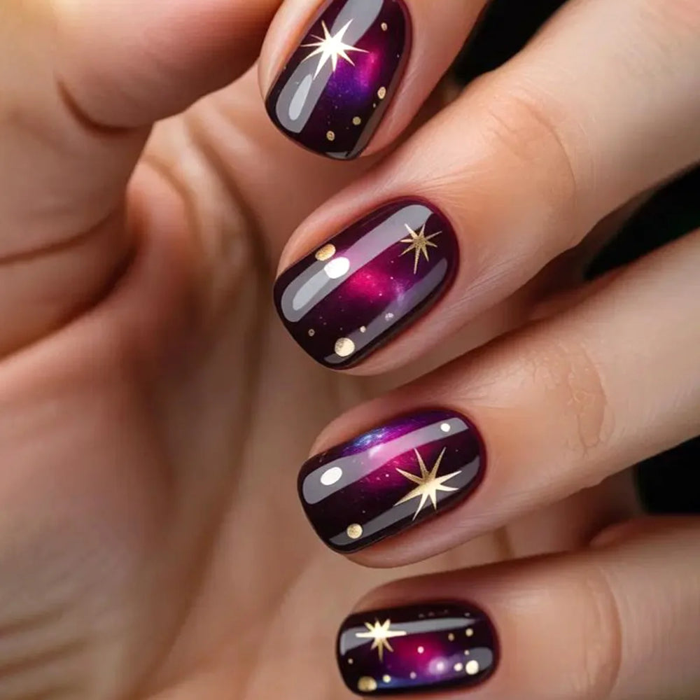 Moon & Star Starry Cat-Eye Gradient Press-On Nails – Short Square, 24 Pcs