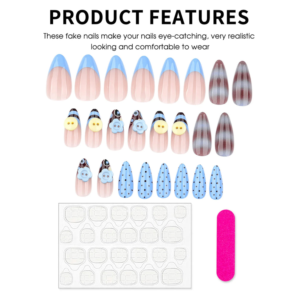 Blue & Brown Ombre 3D Button Flower Press-On Nails – Almond, 24 Pcs