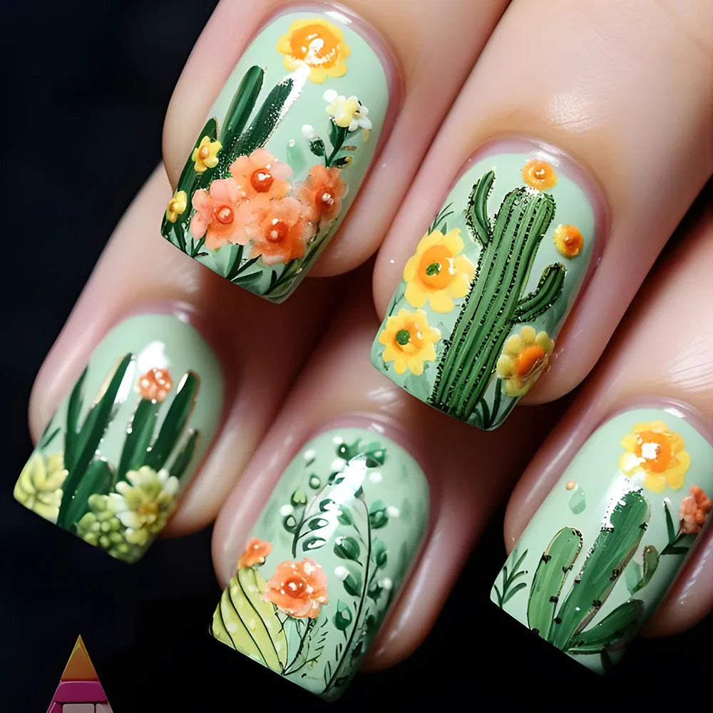 3D Fake Nails Gradient Pink Purple Green Blue Orange Embossed Flowers Fruit Metallic Rhinestones Medium Tips Press On False Nail