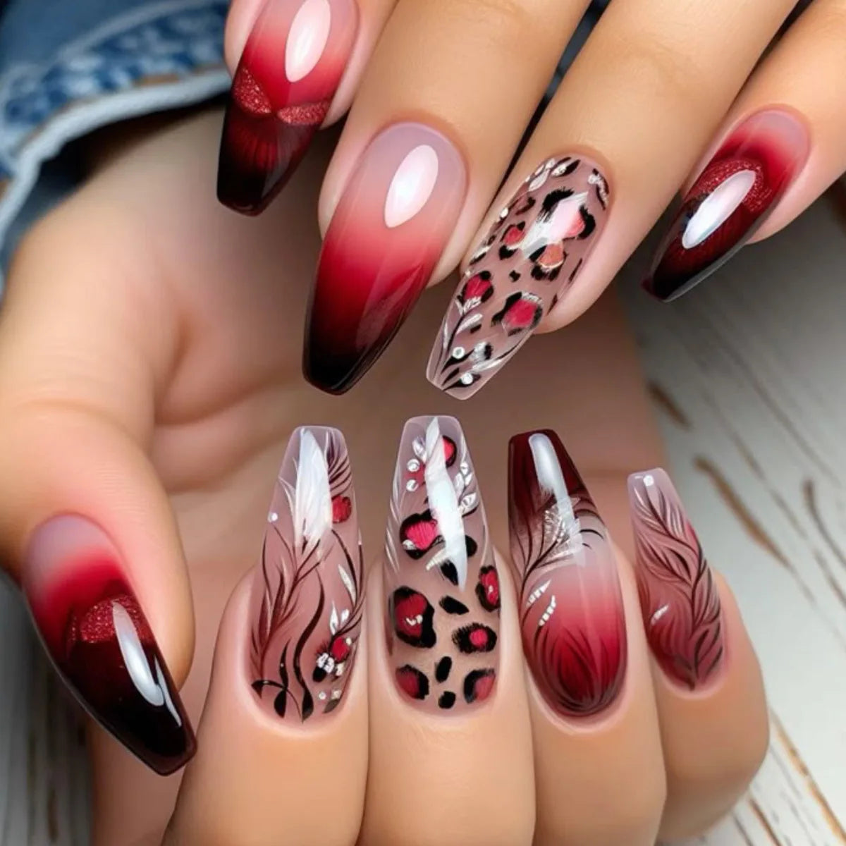 24pcs/set Medium long fake nails for women girls summer autumn Y2K leopard flowers Square ballet tips press on false nail art