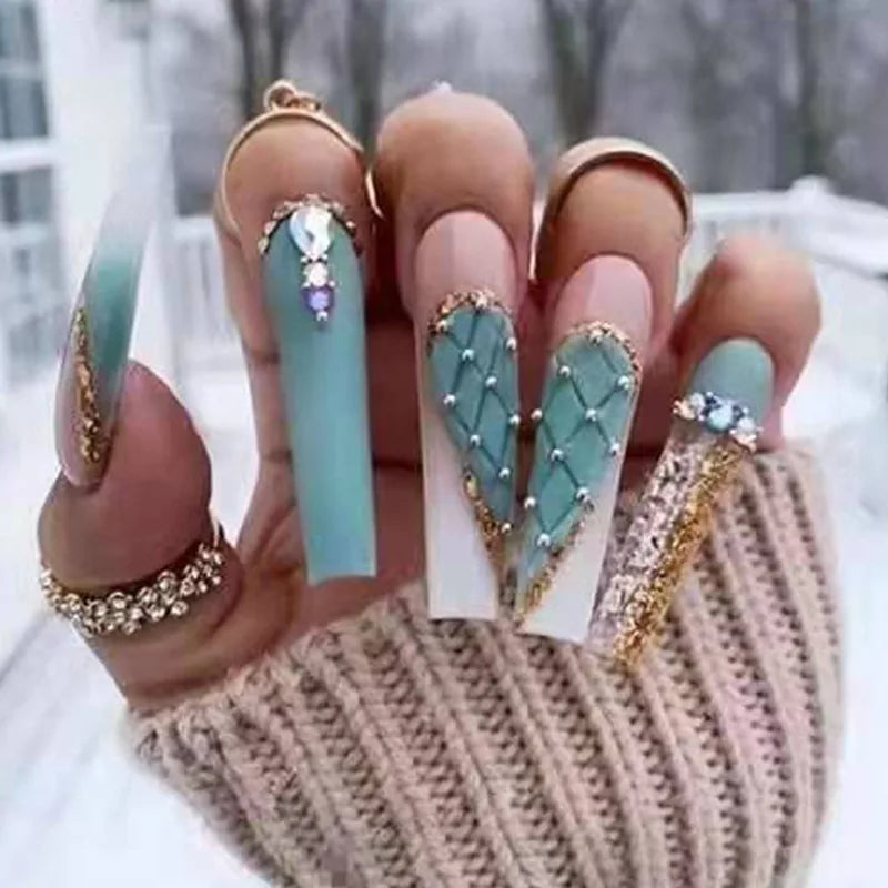 Pink & Blue Heart Wedding Valentine's Ballet Press-On Nails – Medium Long Square