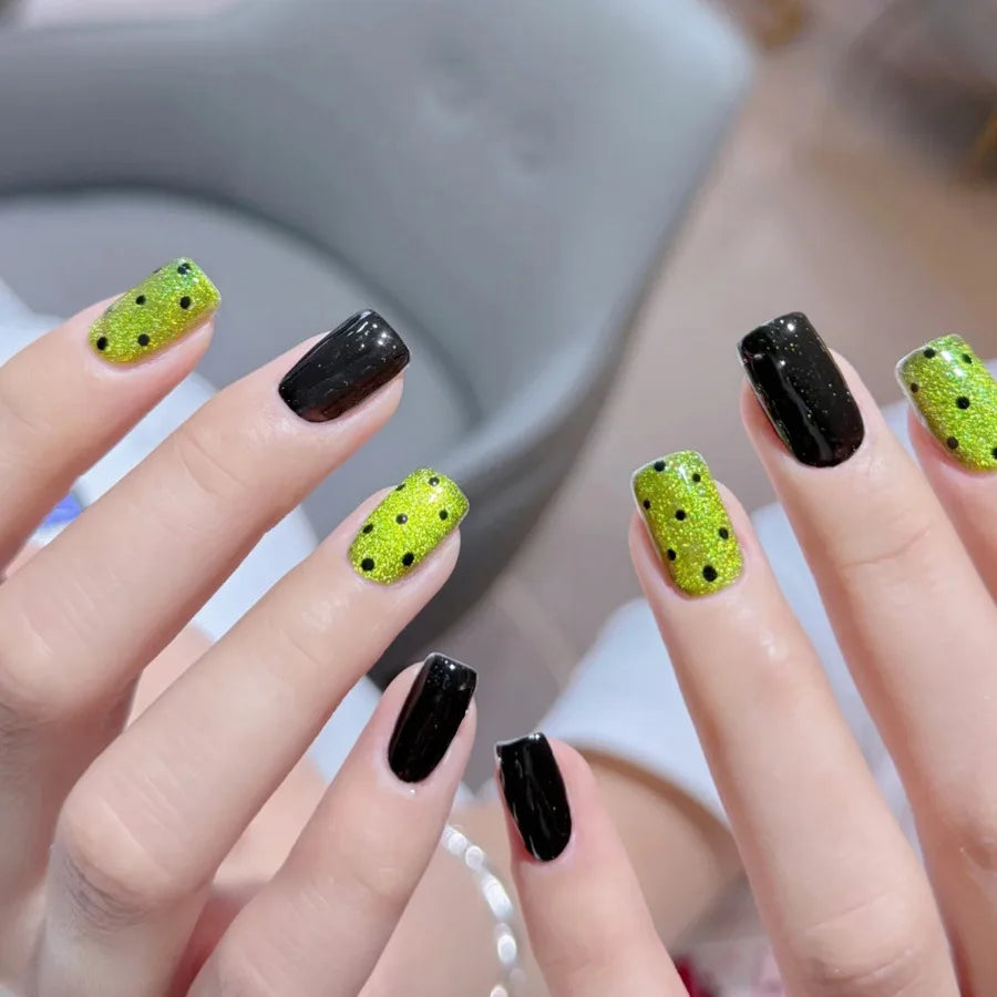 30pcs/set Short Medium fake nails pink green black glossy cat eyes fashion polka dot design french tips press on false nail art