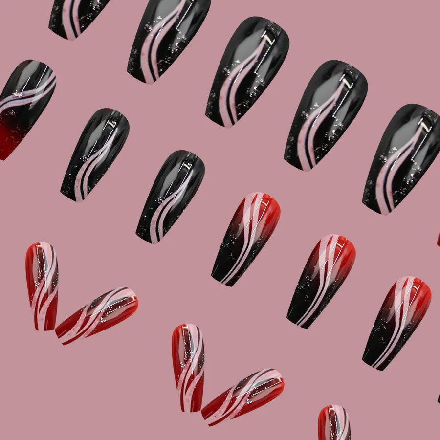 Medium long fake nails for women girls gradient black red beige nail art tips with glitters and strips press on false nail art
