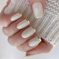 Medium fake nails for women Beige creamy white square nail tips with golden edge strips french style press on false nail art